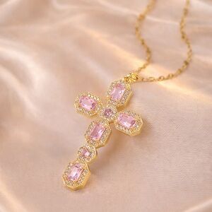 Vintage Pink Crystal Cross Gold Necklace